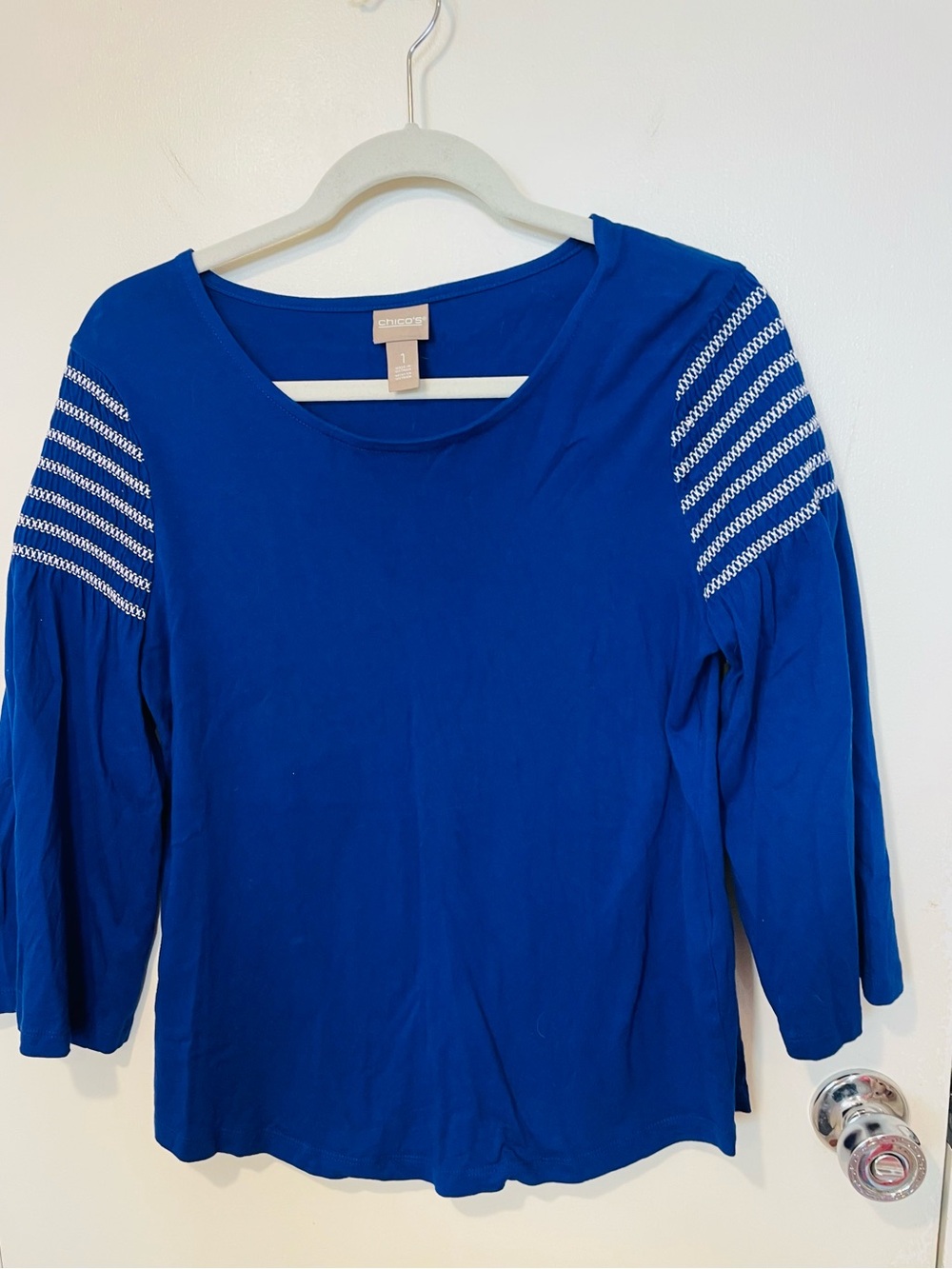 Chico's royal blue top with embroidered white striped detailing knit puffy sz 1